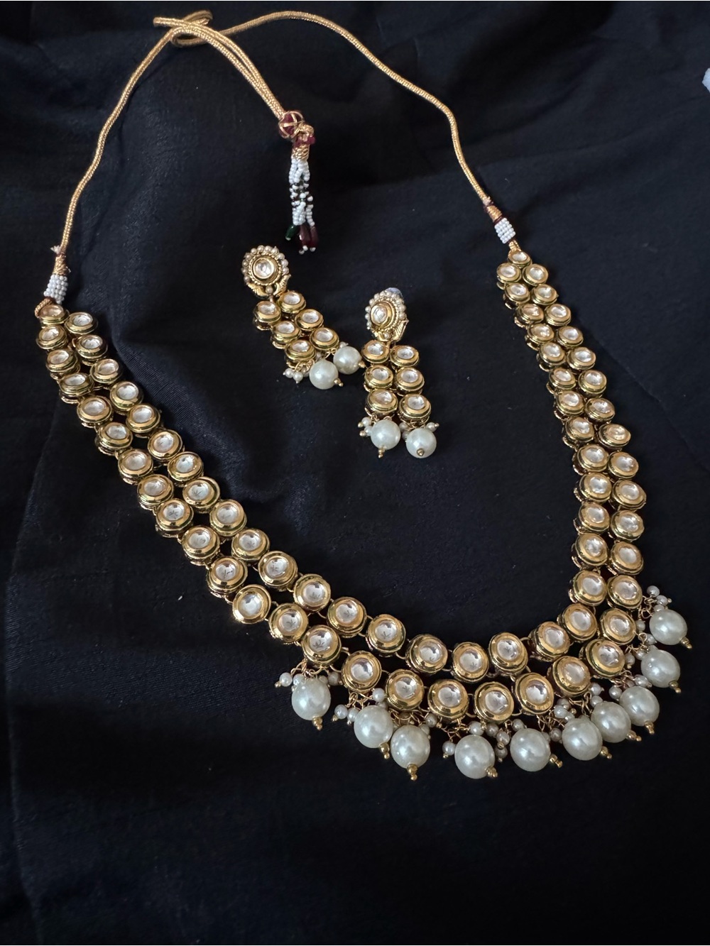 Gold-Tone Kundan Pearl Necklace & Earrings Set